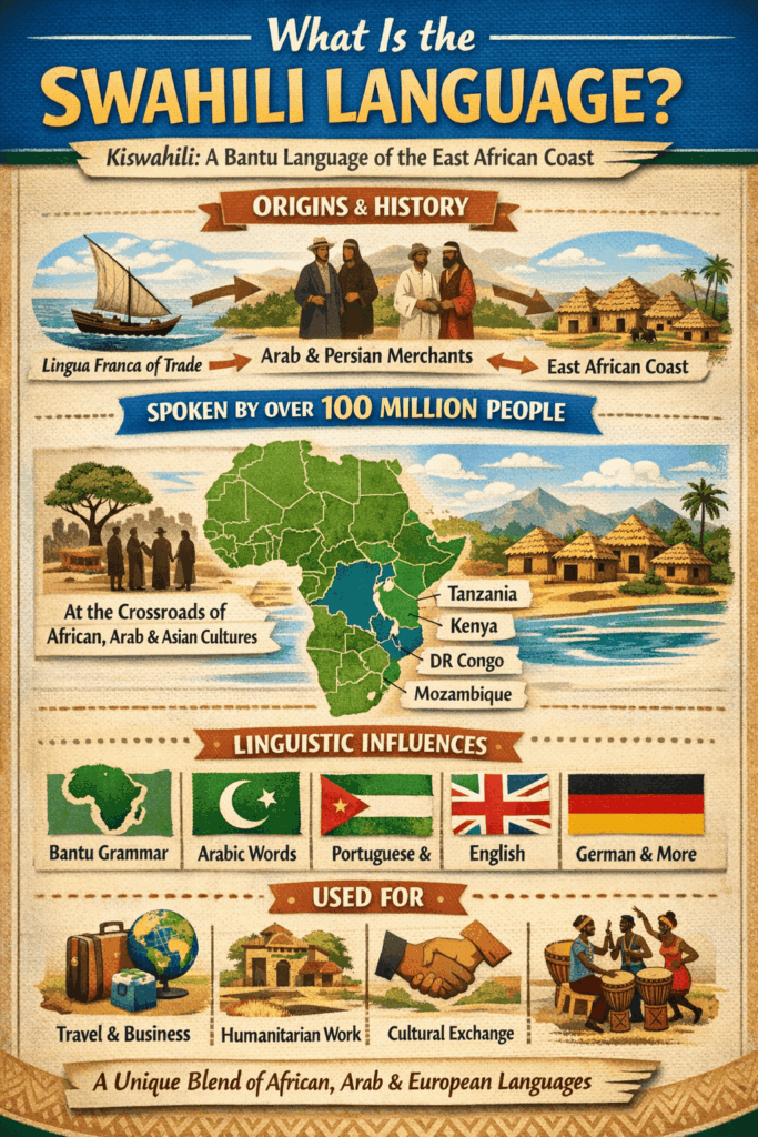 Infographic explaining what the Swahili language is, showing its East African origins, Bantu grammar roots, Arabic and European influences, and regions where it is spoken by over 100 million people.